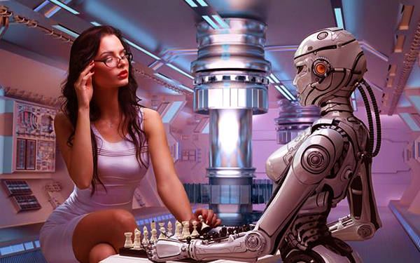 awek cantik main catur dengan robot perempuan