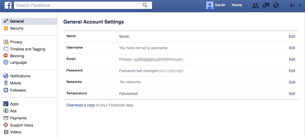 menu general account settings facebook