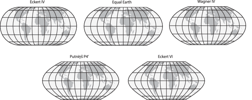 perbandingan peta equal earth dengan beberapa projeksi peta lain