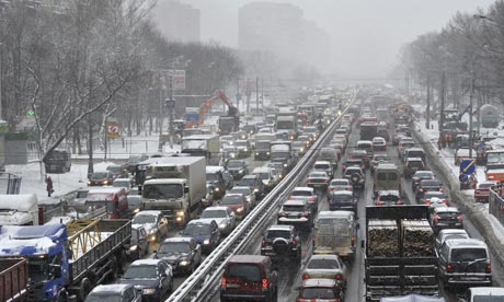 snowbound traffic queue moscow russia