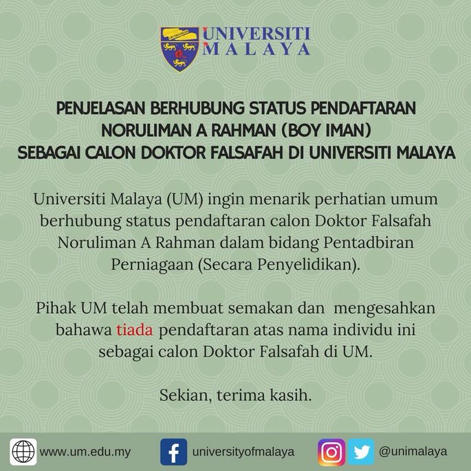 universiti malaya nafi status pengajiannya ini komen boy iman 2
