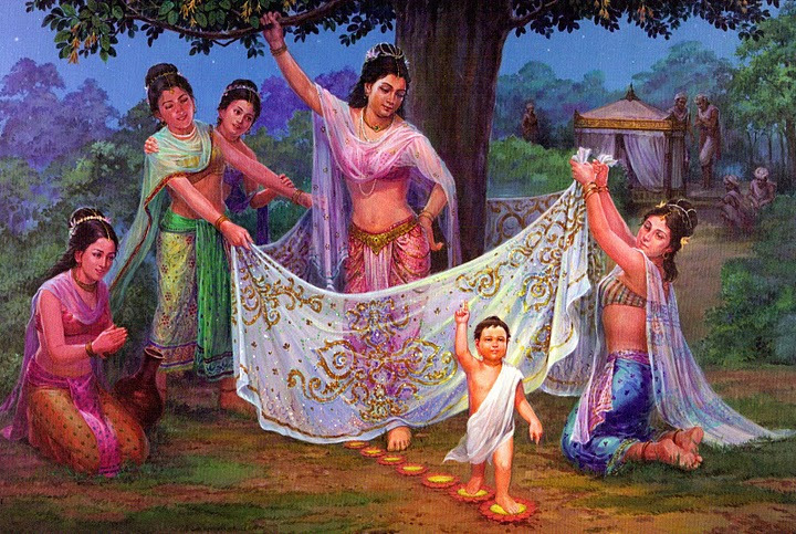 ilustrasi kelahiran buddha pijak bunga teratai