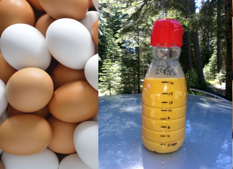 pecahkan telur dalam balang kaca atau botol plastik untuk memudahkan dibawa