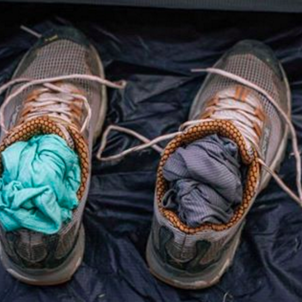 sumbat kasut dengan kain atau baju untuk mengelakkan serangga atau haiwan kecil masuk